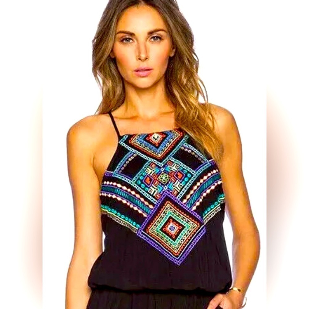 NANETTE LEPORE Sz M Carmenita Embroidered Spaghetti Straps Shelf Top Tankini